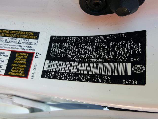 Photo 9 VIN: 4T1BF1FKXEU865088 - TOYOTA CAMRY L 