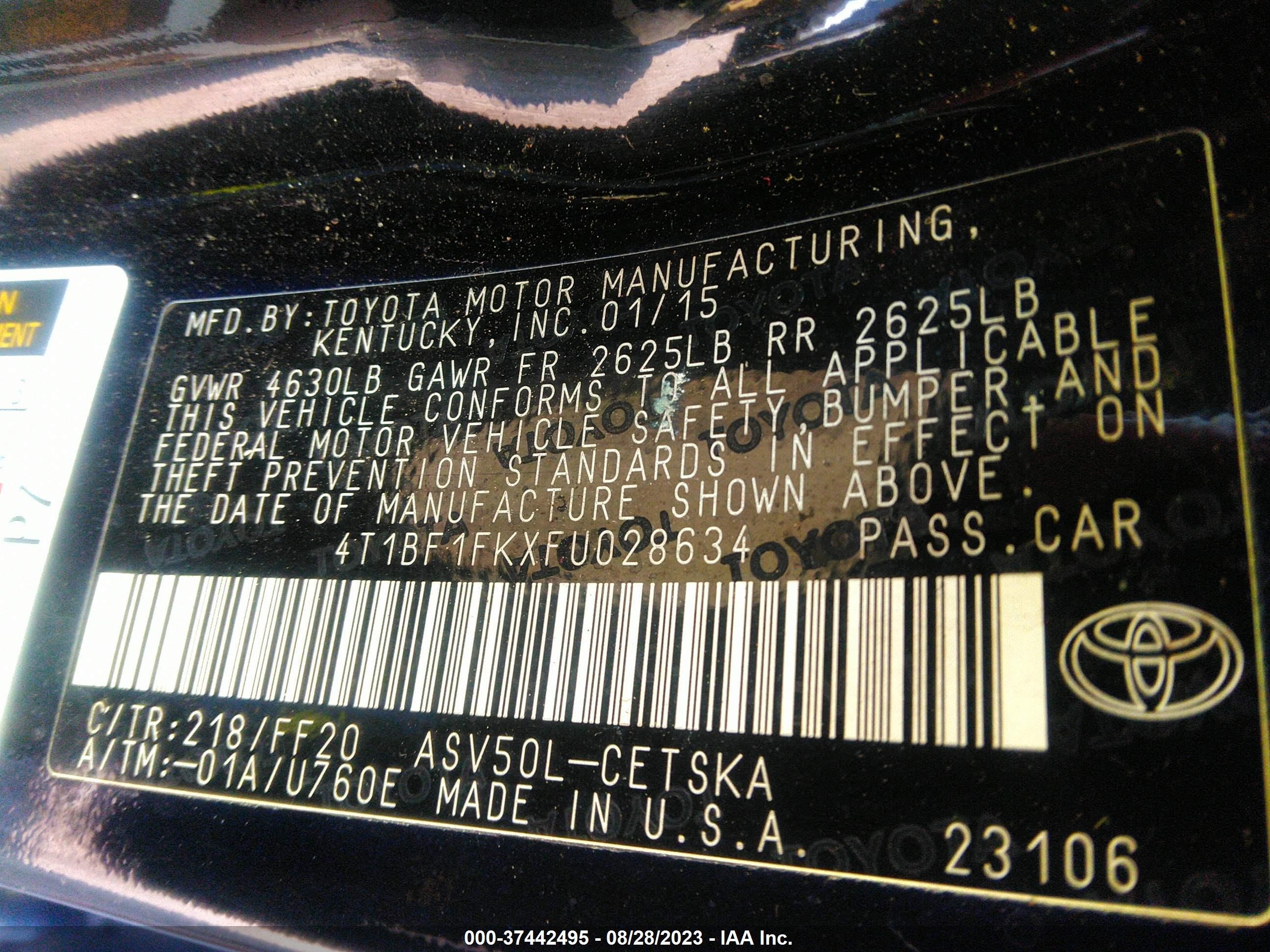 Photo 8 VIN: 4T1BF1FKXFU028634 - TOYOTA CAMRY 