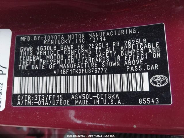 Photo 8 VIN: 4T1BF1FKXFU876772 - TOYOTA CAMRY 