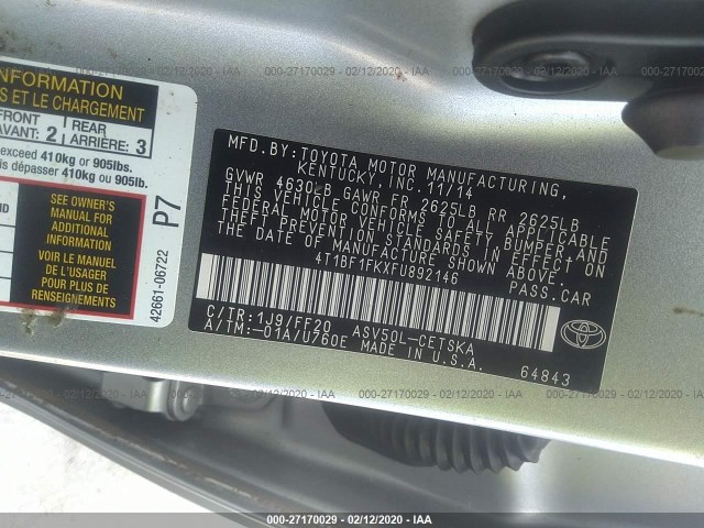 Photo 8 VIN: 4T1BF1FKXFU892146 - TOYOTA CAMRY 