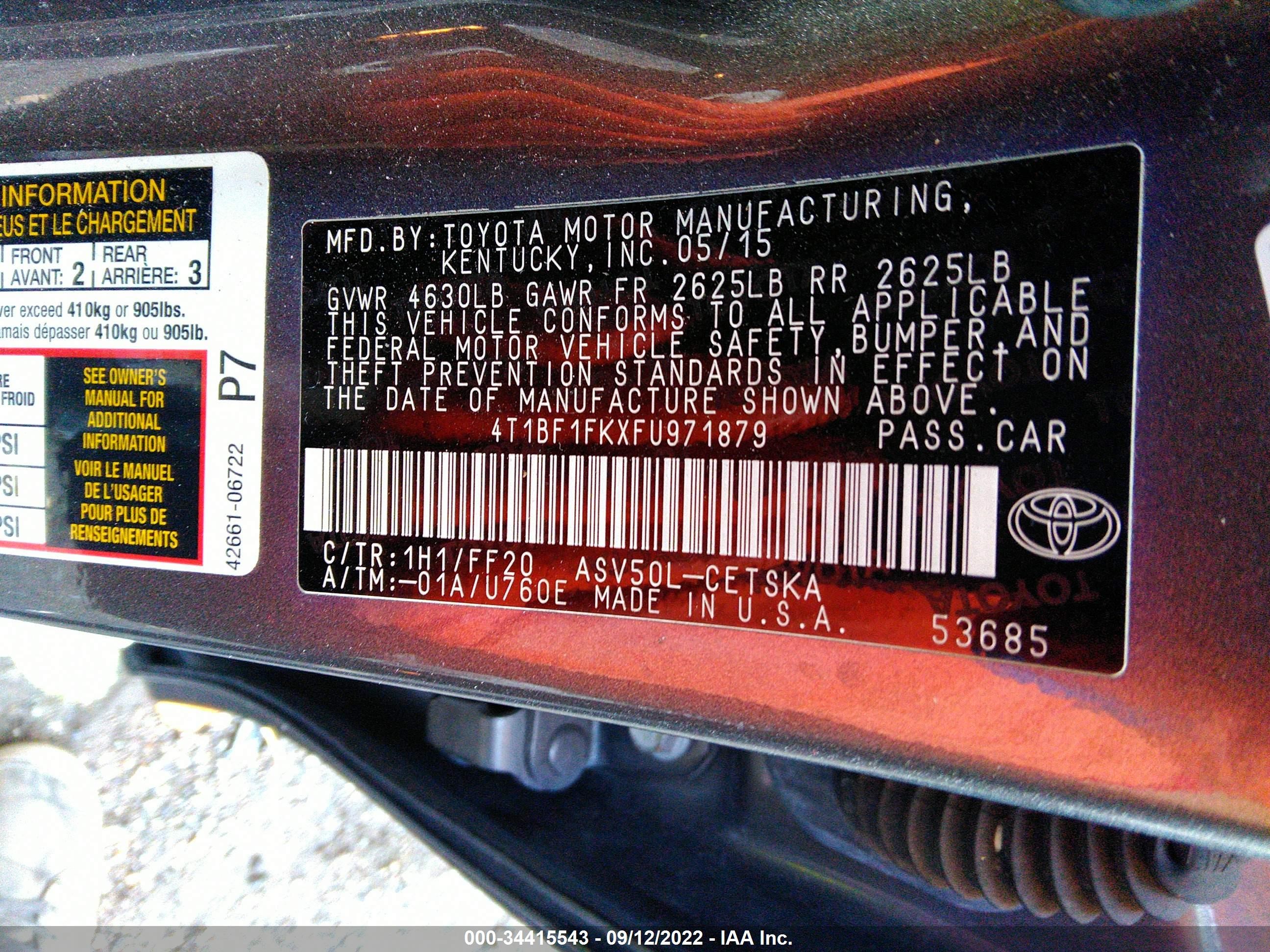 Photo 8 VIN: 4T1BF1FKXFU971879 - TOYOTA CAMRY 