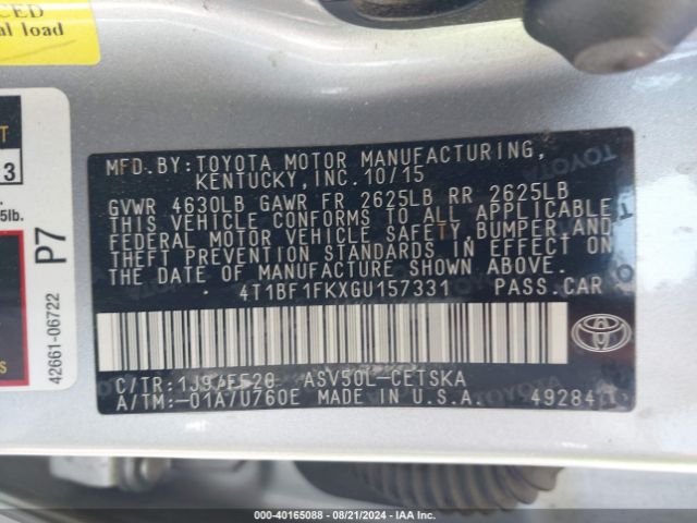 Photo 8 VIN: 4T1BF1FKXGU157331 - TOYOTA CAMRY 