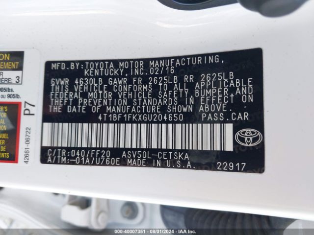 Photo 8 VIN: 4T1BF1FKXGU204650 - TOYOTA CAMRY 