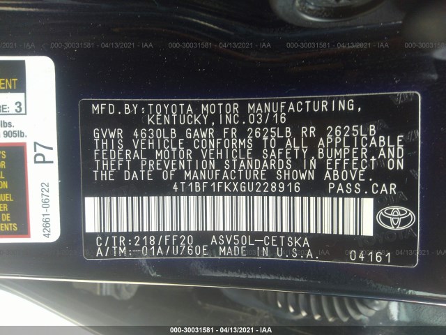 Photo 8 VIN: 4T1BF1FKXGU228916 - TOYOTA CAMRY 