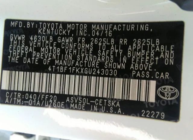 Photo 8 VIN: 4T1BF1FKXGU243030 - TOYOTA CAMRY 