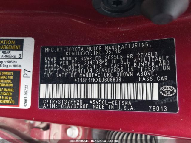 Photo 8 VIN: 4T1BF1FKXGU608838 - TOYOTA CAMRY 