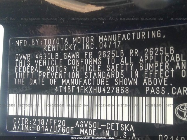 Photo 8 VIN: 4T1BF1FKXHU427868 - TOYOTA CAMRY 