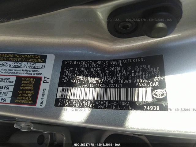 Photo 8 VIN: 4T1BF1FKXHU637421 - TOYOTA CAMRY 