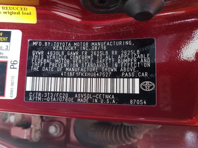 Photo 9 VIN: 4T1BF1FKXHU647527 - TOYOTA CAMRY LE 