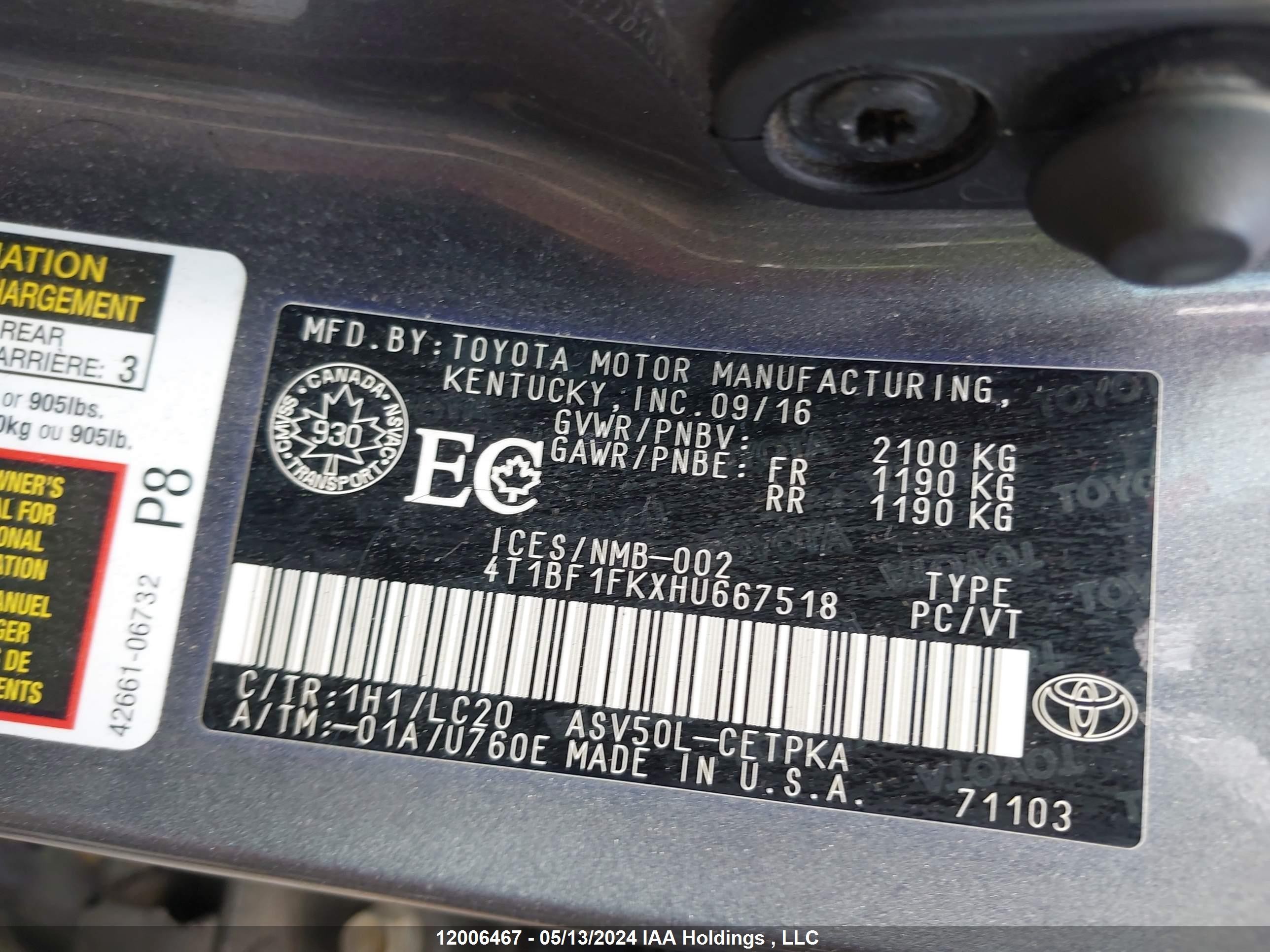 Photo 8 VIN: 4T1BF1FKXHU667518 - TOYOTA CAMRY 