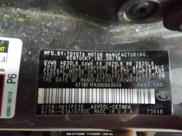 Photo 8 VIN: 4T1BF1FKXHU669608 - TOYOTA CAMRY 