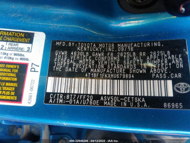 Photo 8 VIN: 4T1BF1FKXHU679894 - TOYOTA CAMRY 