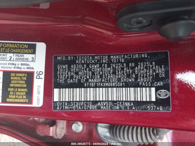 Photo 8 VIN: 4T1BF1FKXHU685081 - TOYOTA CAMRY 