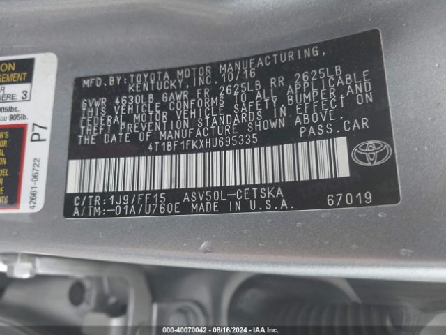 Photo 8 VIN: 4T1BF1FKXHU695335 - TOYOTA CAMRY 