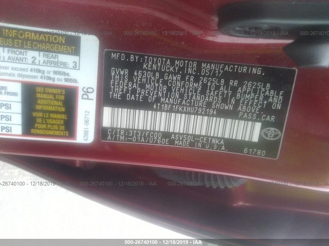 Photo 8 VIN: 4T1BF1FKXHU792194 - TOYOTA CAMRY 