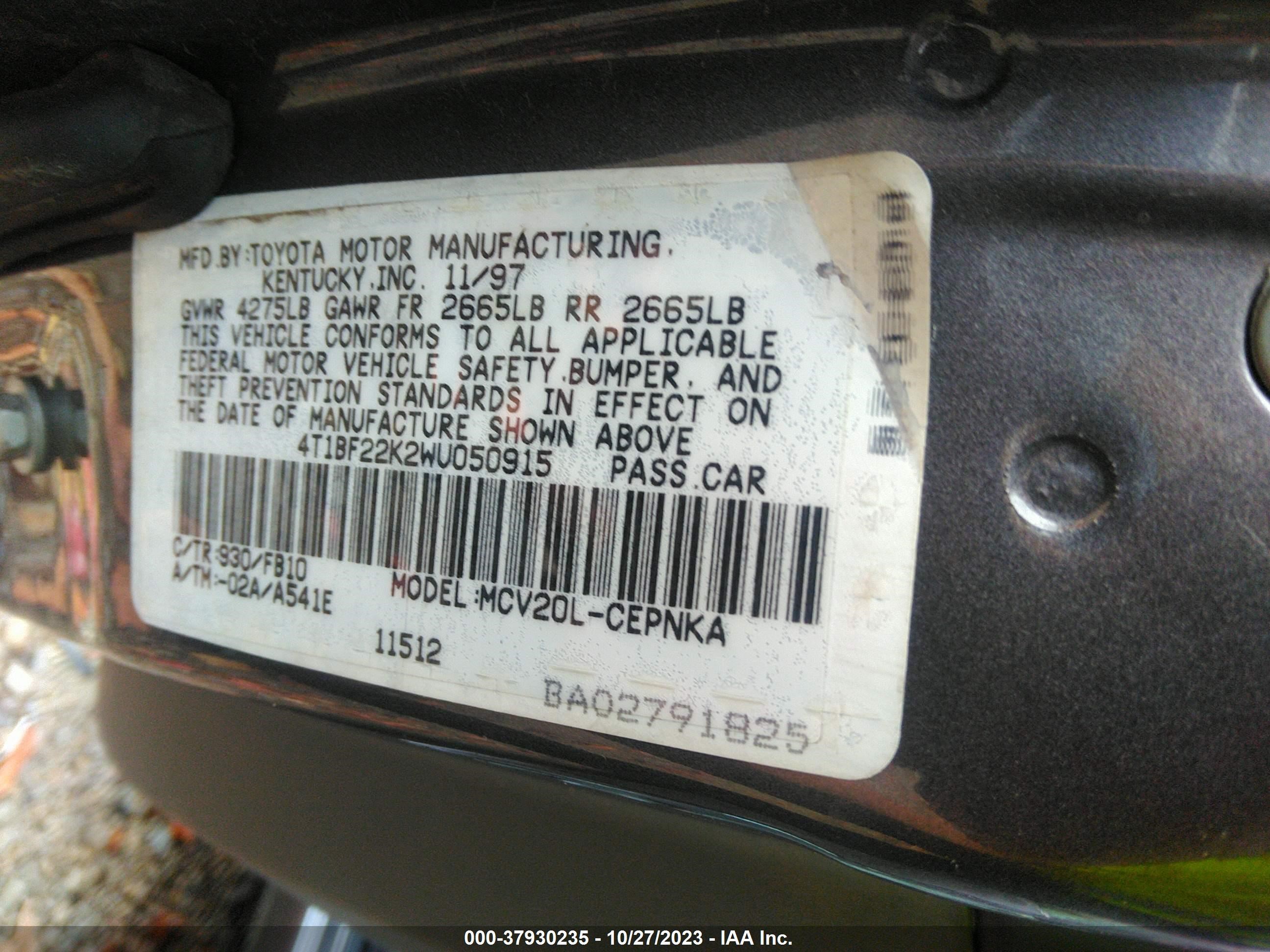 Photo 8 VIN: 4T1BF22K2WU050915 - TOYOTA CAMRY 