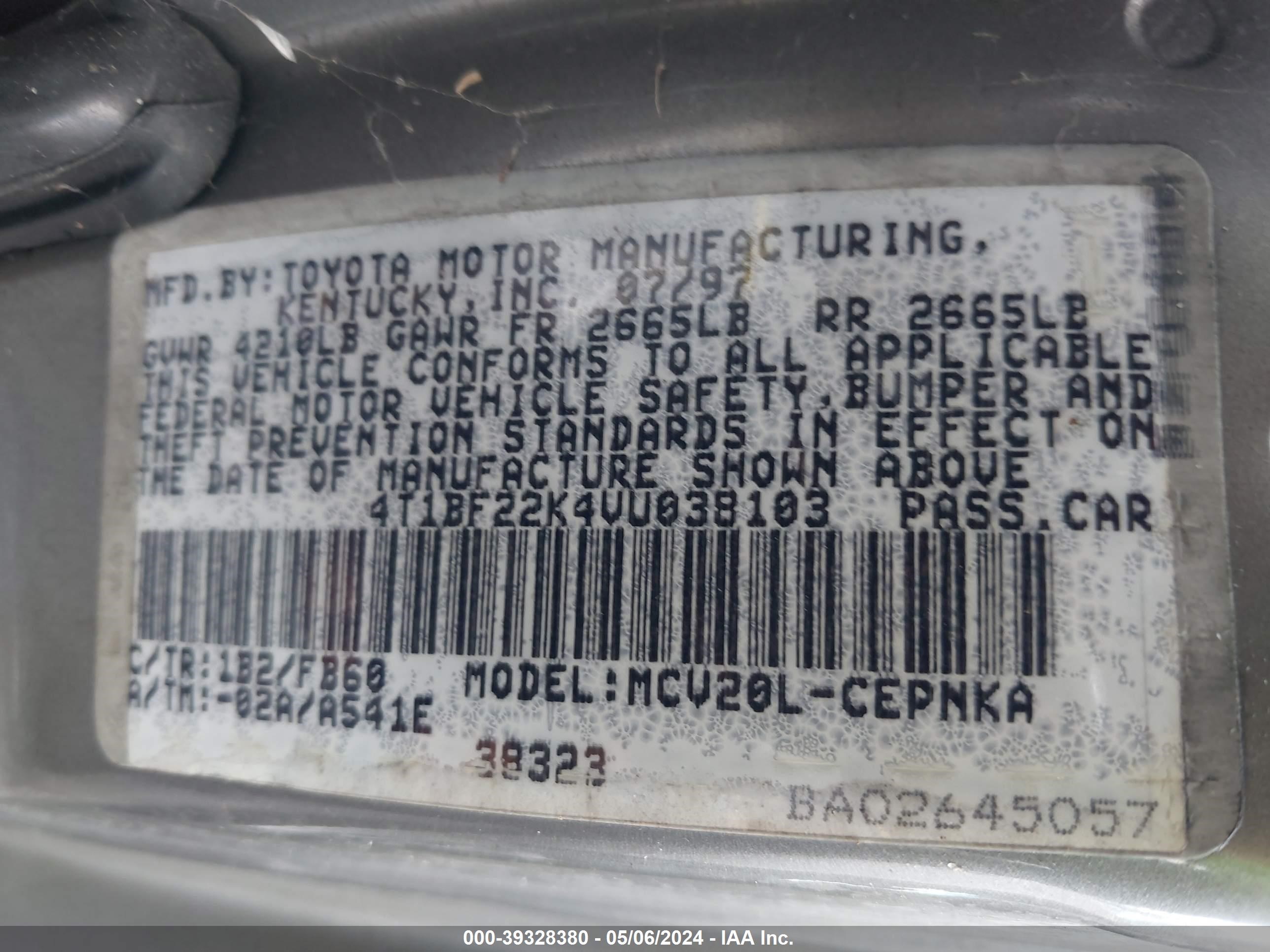 Photo 8 VIN: 4T1BF22K4VU038103 - TOYOTA CAMRY 