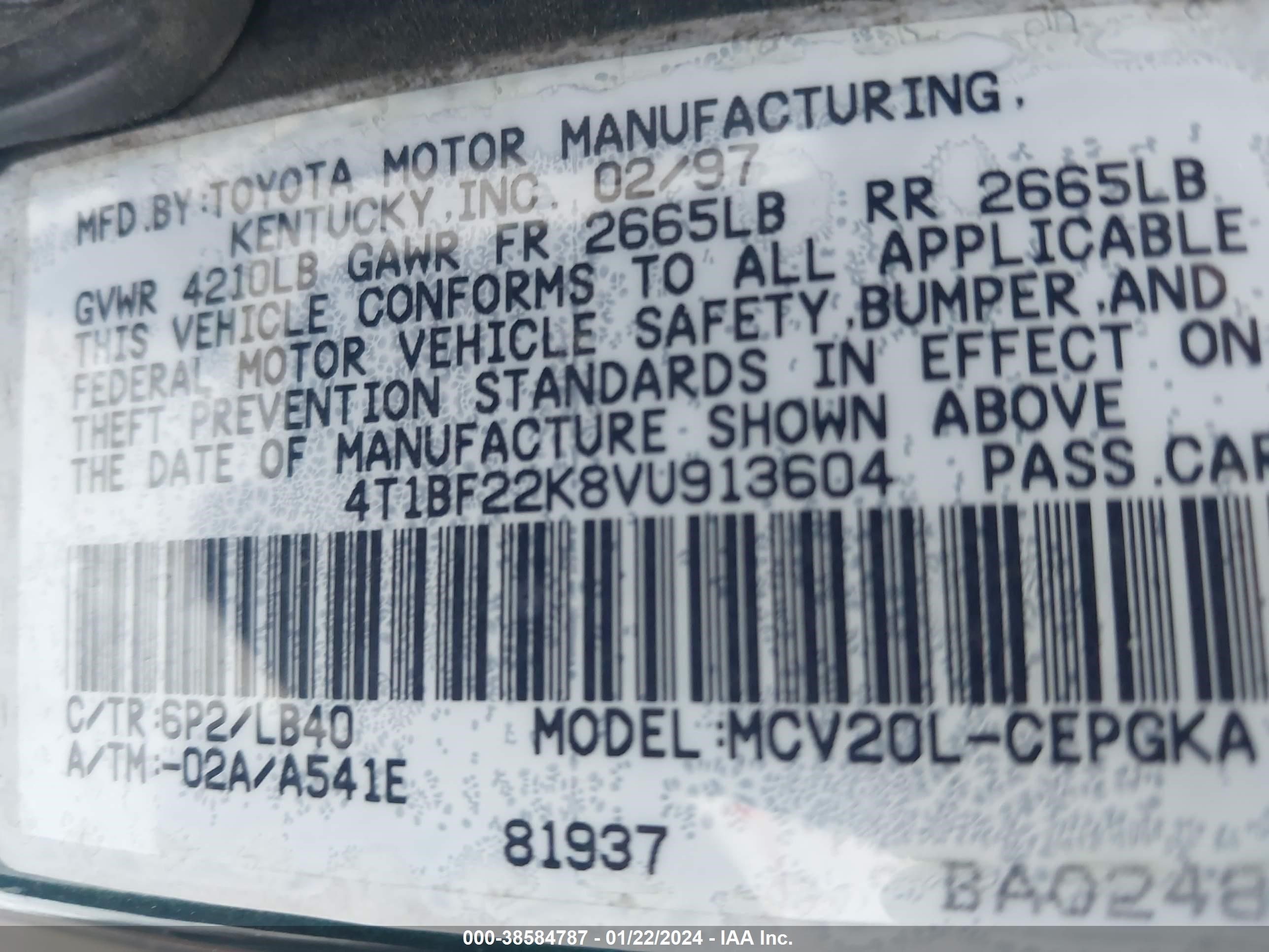 Photo 8 VIN: 4T1BF22K8VU913604 - TOYOTA CAMRY 