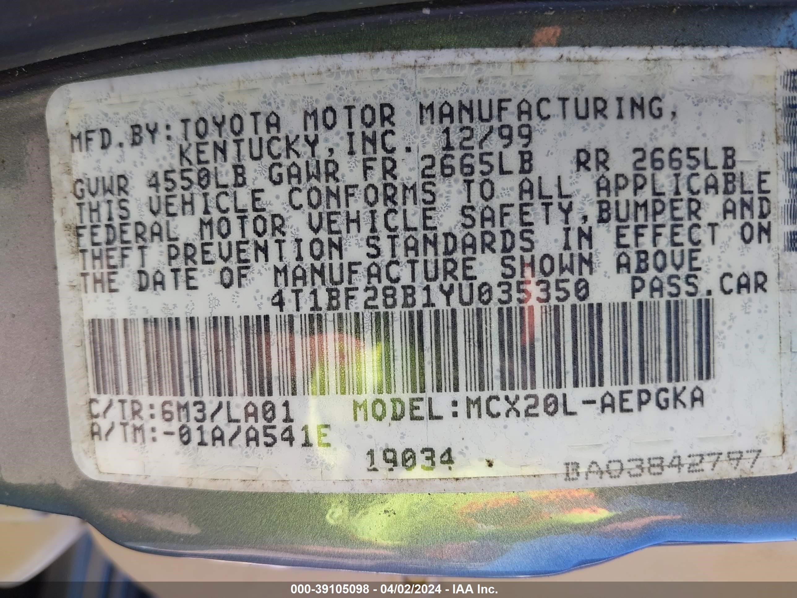 Photo 8 VIN: 4T1BF28B1YU035350 - TOYOTA AVALON 