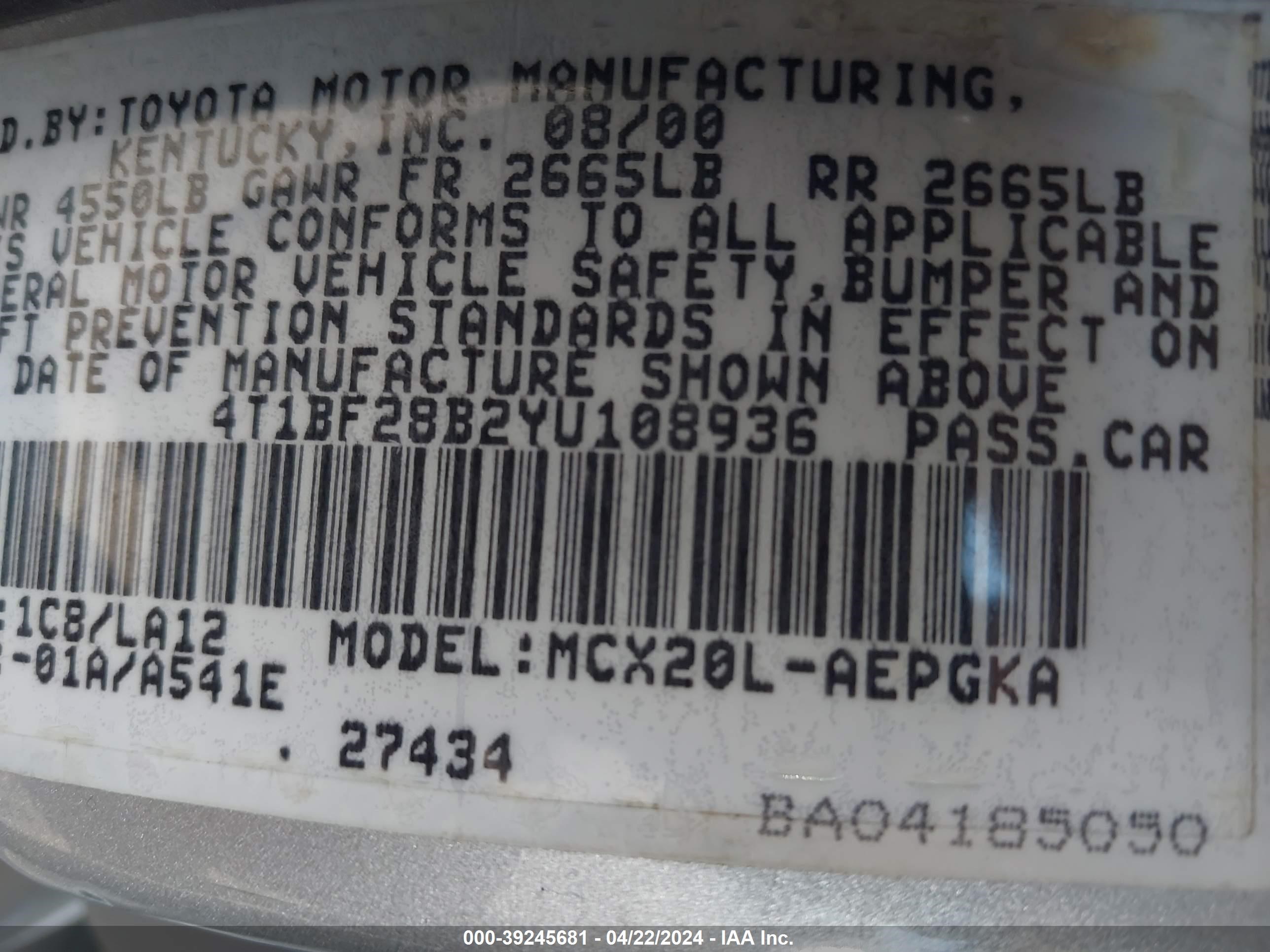 Photo 8 VIN: 4T1BF28B2YU108936 - TOYOTA AVALON 