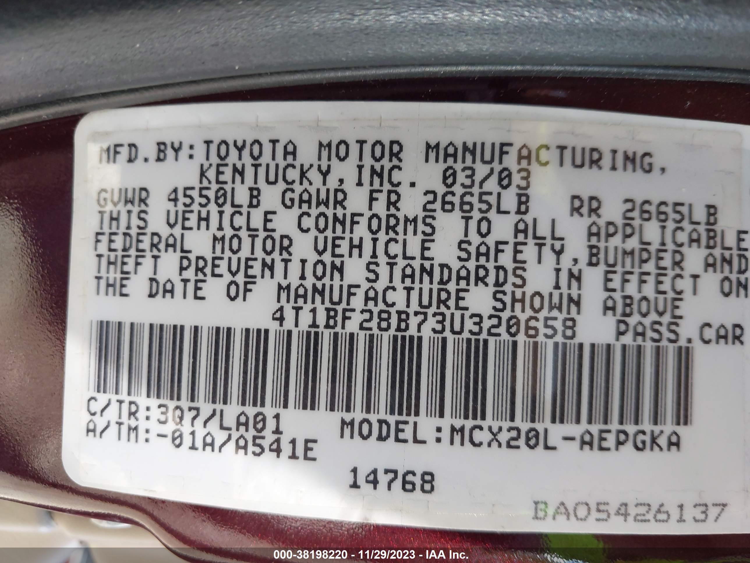 Photo 8 VIN: 4T1BF28B73U320658 - TOYOTA AVALON 