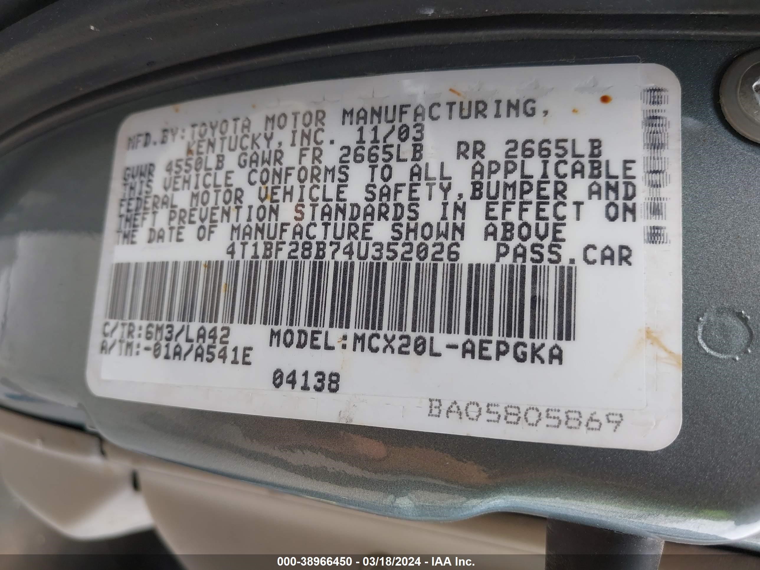 Photo 8 VIN: 4T1BF28B74U352026 - TOYOTA AVALON 