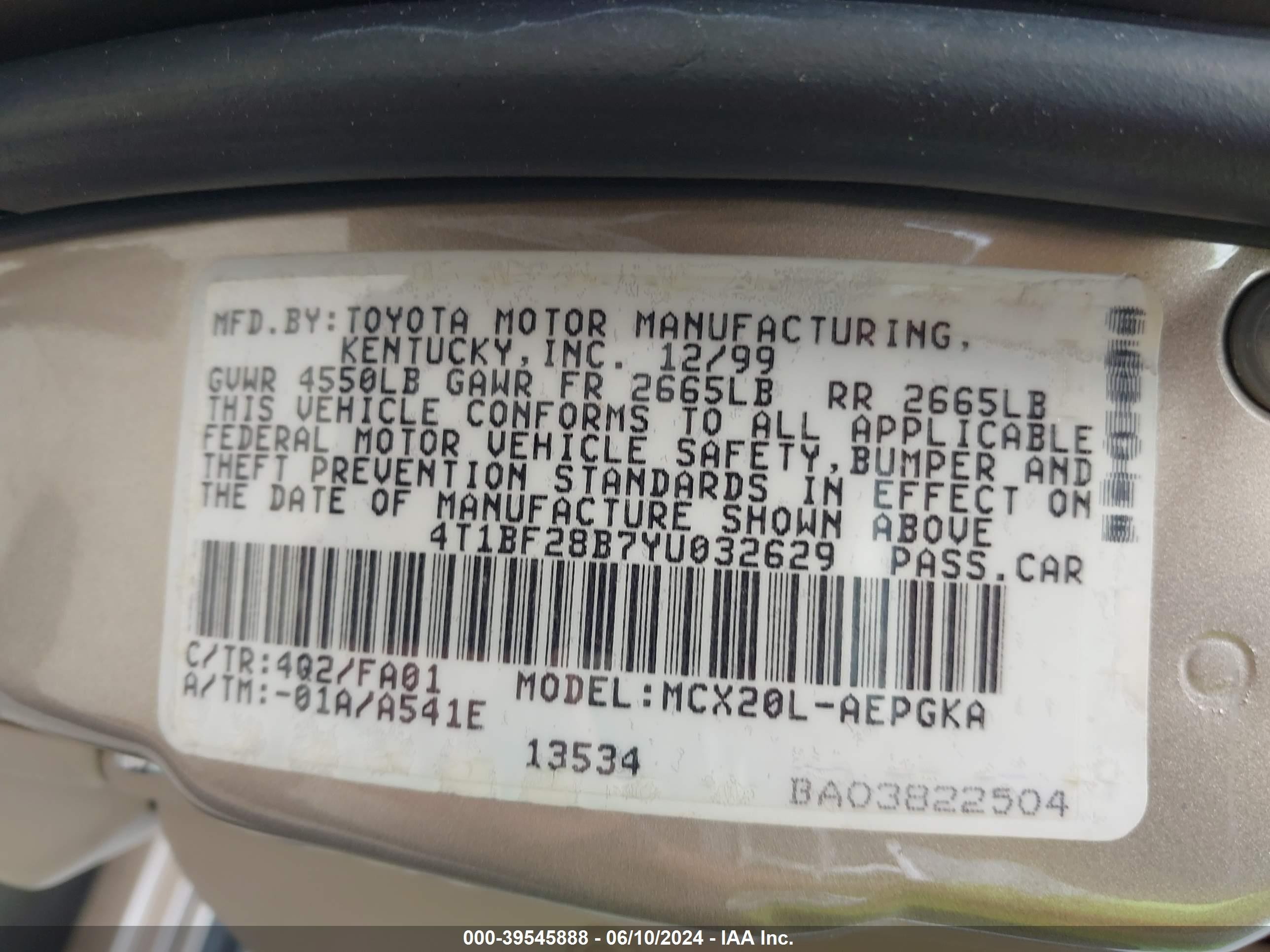 Photo 8 VIN: 4T1BF28B7YU032629 - TOYOTA AVALON 