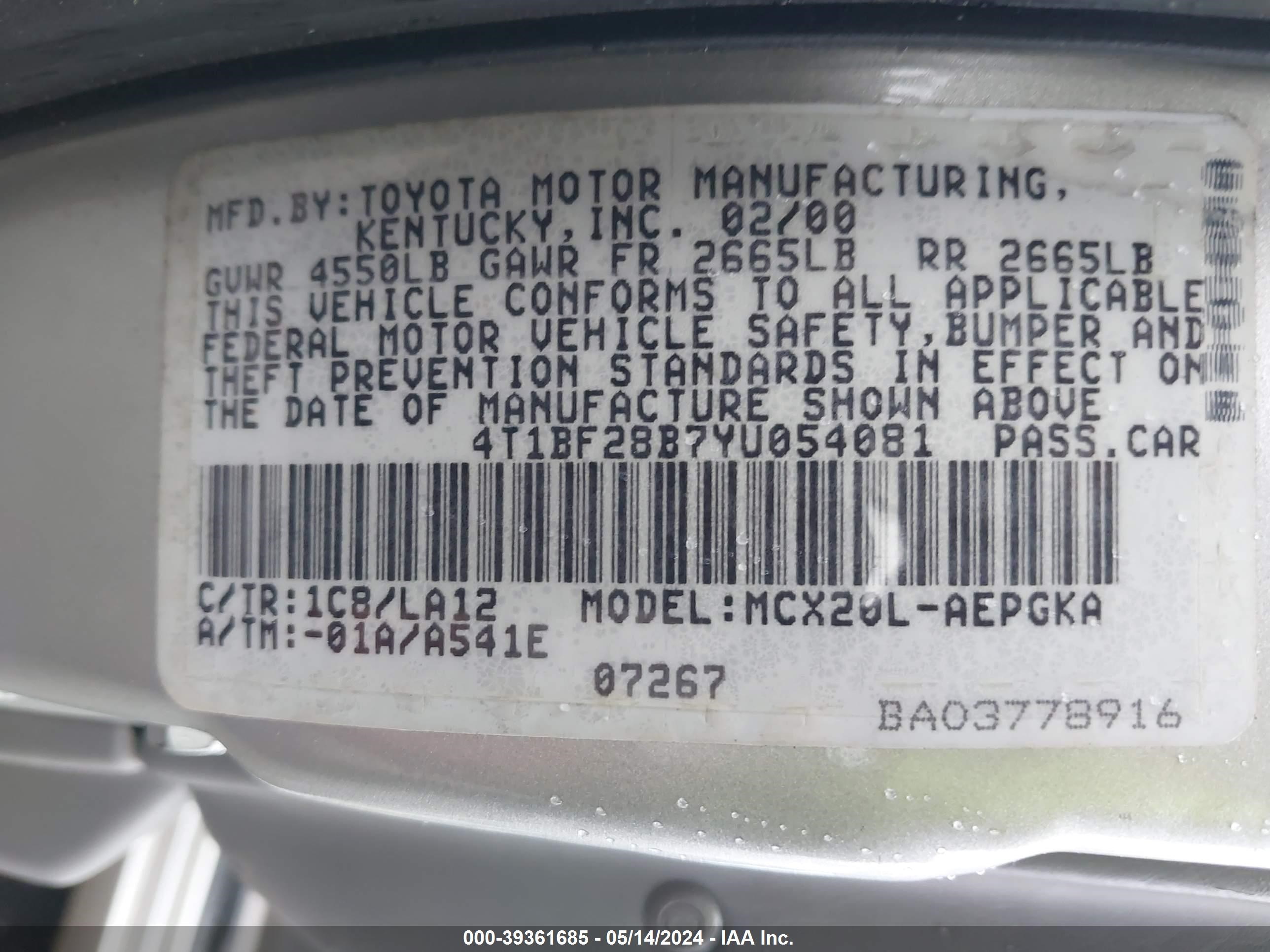 Photo 8 VIN: 4T1BF28B7YU054081 - TOYOTA AVALON 