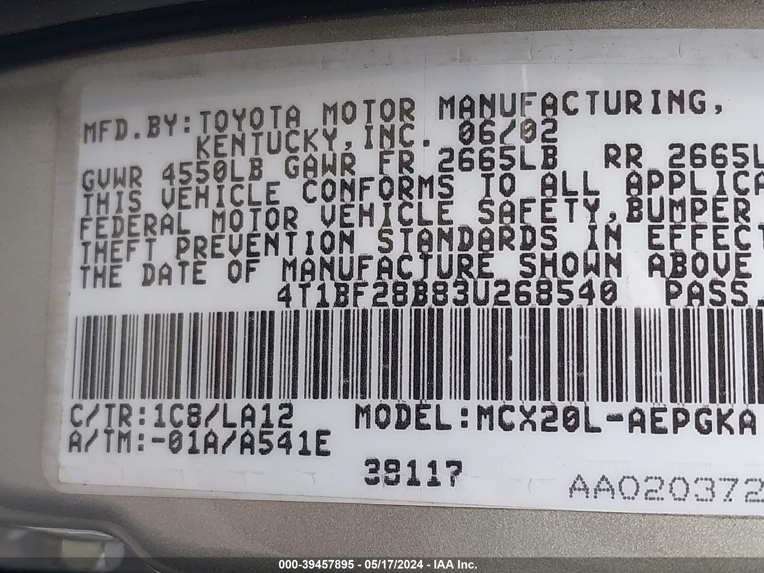 Photo 8 VIN: 4T1BF28B83U268540 - TOYOTA AVALON 