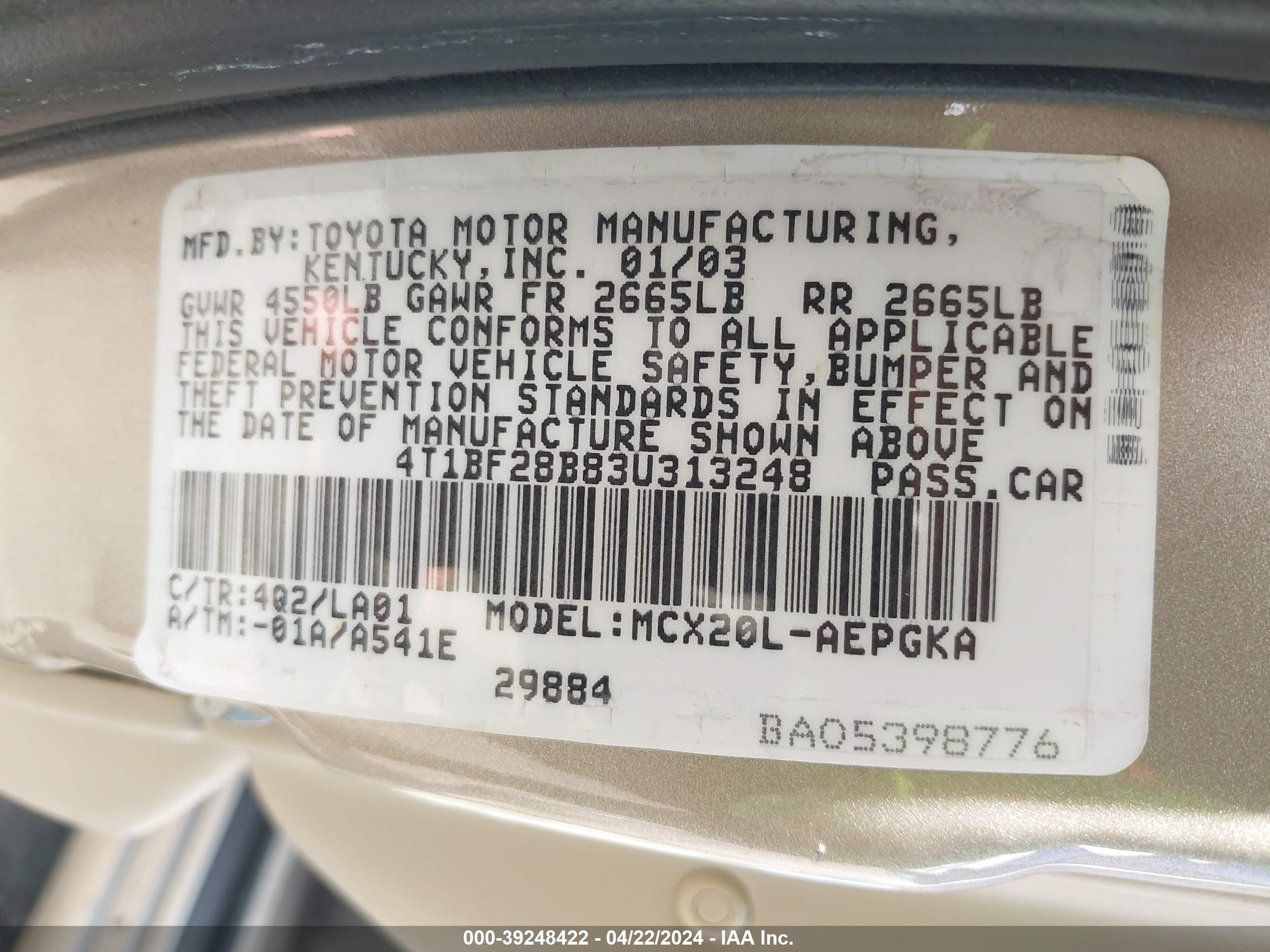 Photo 8 VIN: 4T1BF28B83U313248 - TOYOTA AVALON 