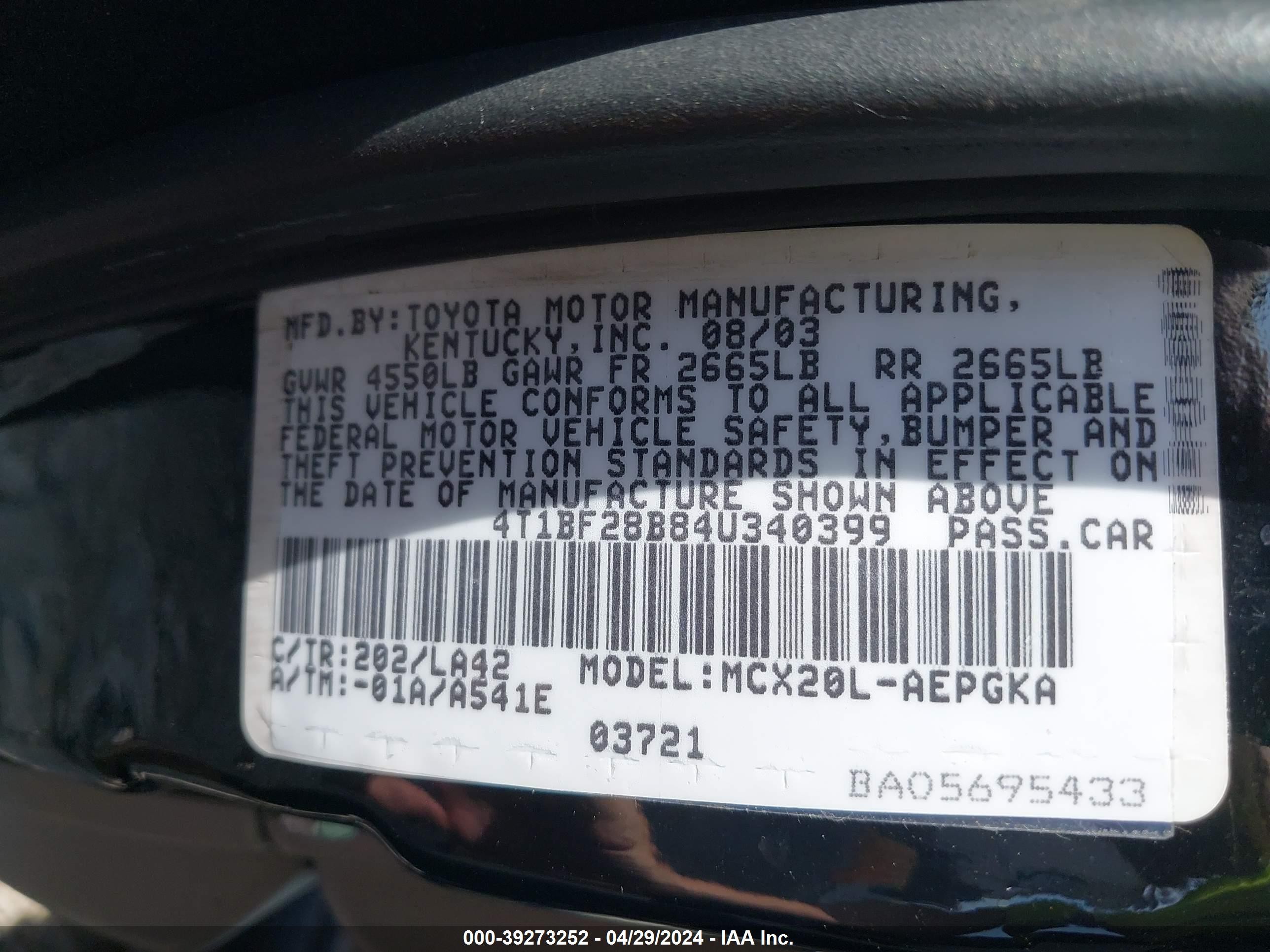 Photo 8 VIN: 4T1BF28B84U340399 - TOYOTA AVALON 