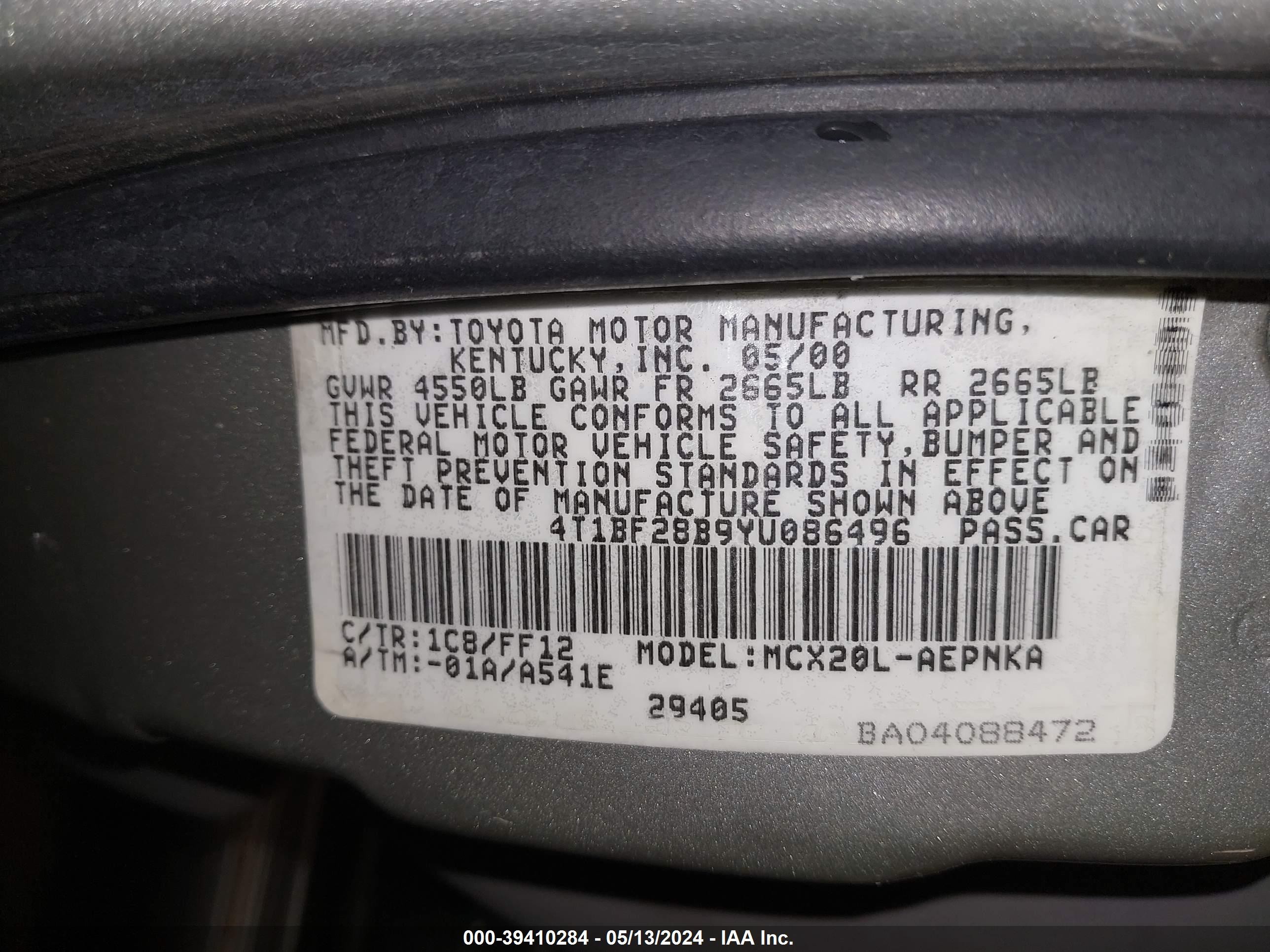 Photo 8 VIN: 4T1BF28B9YU086496 - TOYOTA AVALON 