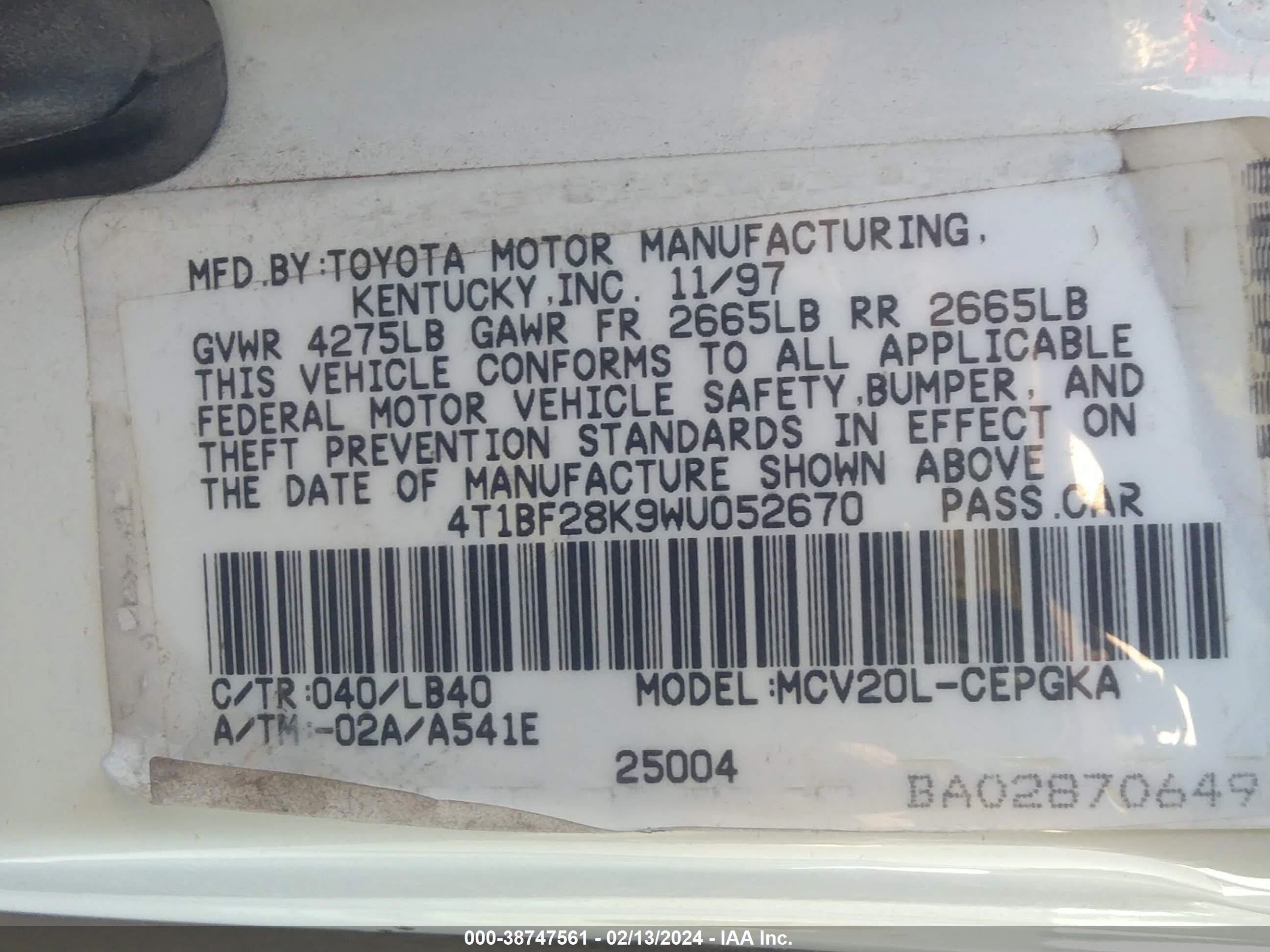 Photo 8 VIN: 4T1BF28K9WU052670 - TOYOTA CAMRY 