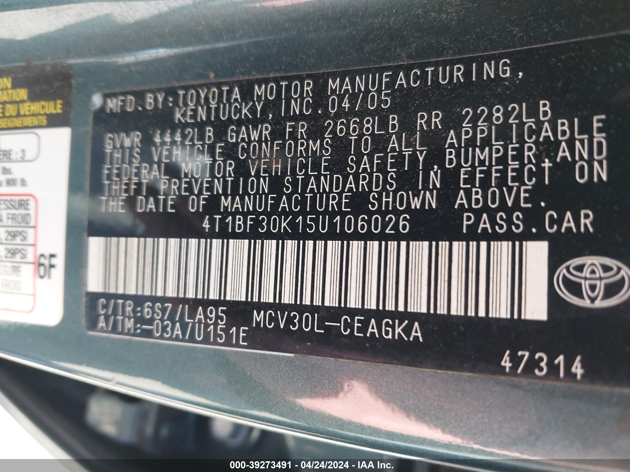 Photo 8 VIN: 4T1BF30K15U106026 - TOYOTA CAMRY 