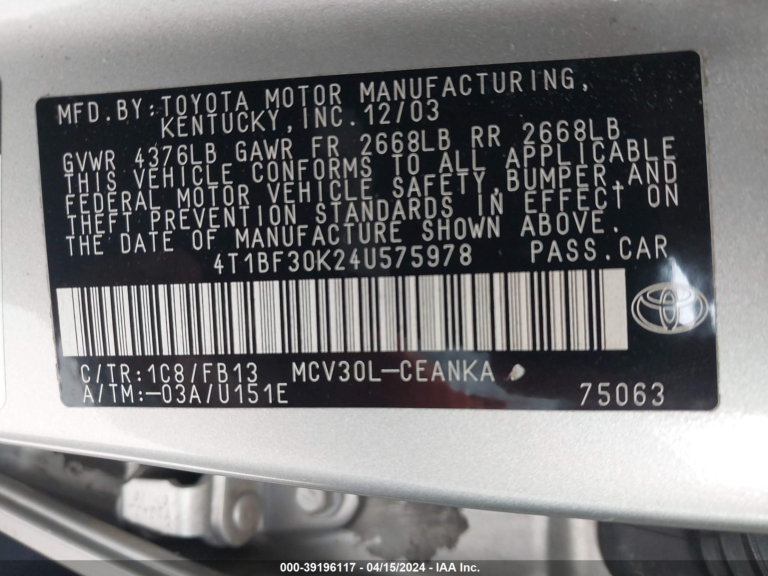 Photo 8 VIN: 4T1BF30K24U575978 - TOYOTA CAMRY 