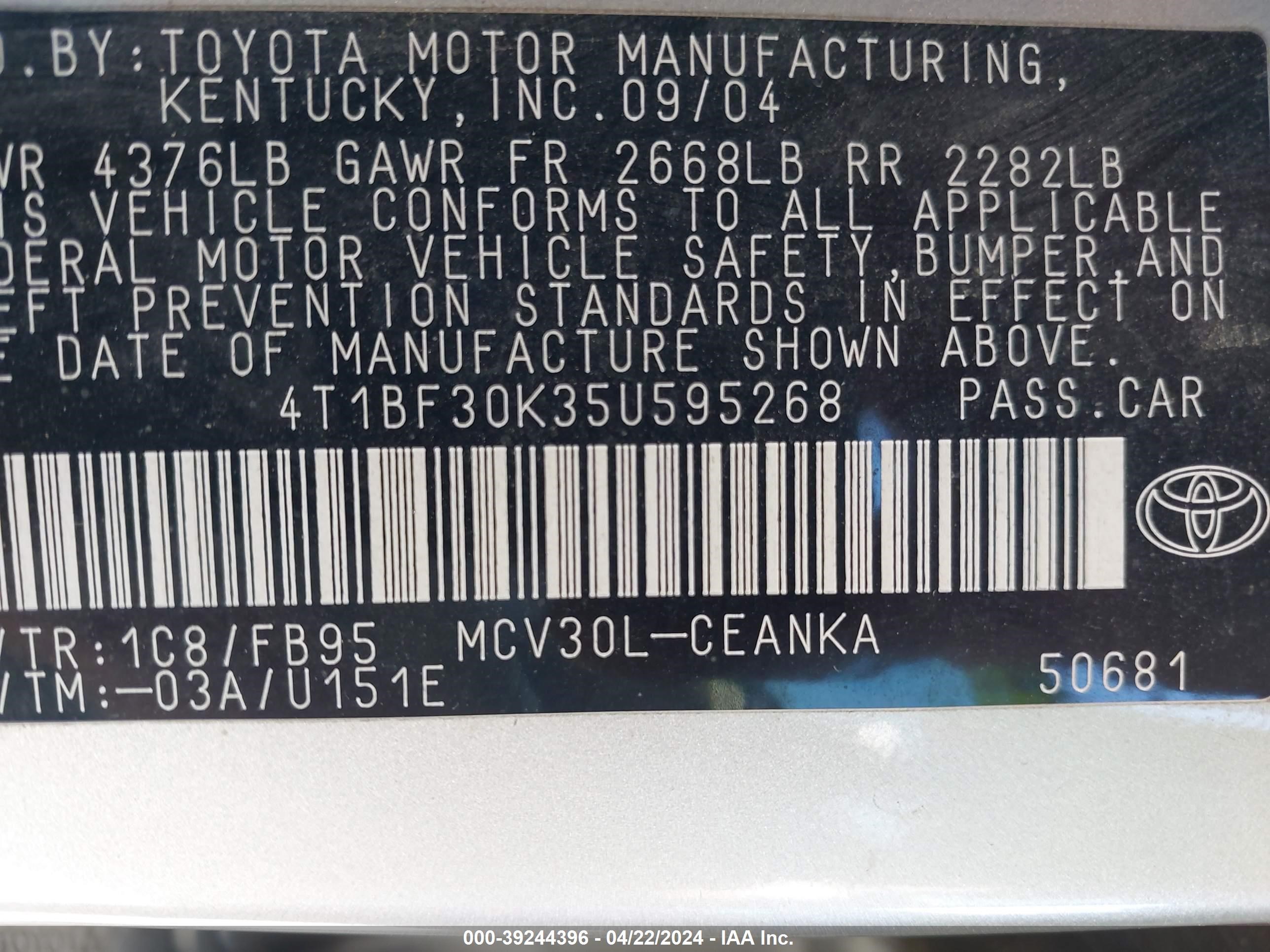 Photo 8 VIN: 4T1BF30K35U595268 - TOYOTA CAMRY 