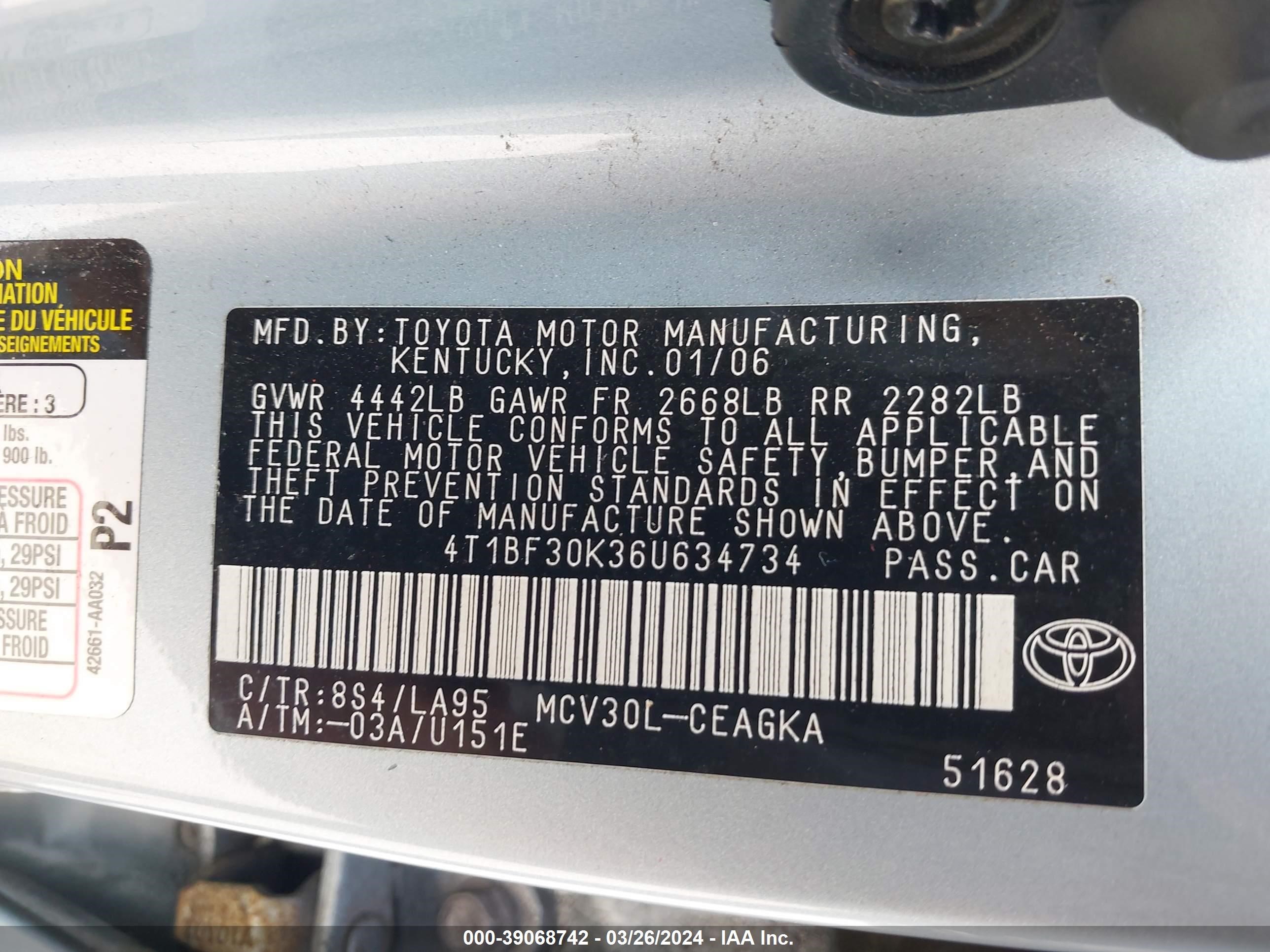 Photo 8 VIN: 4T1BF30K36U634734 - TOYOTA CAMRY 