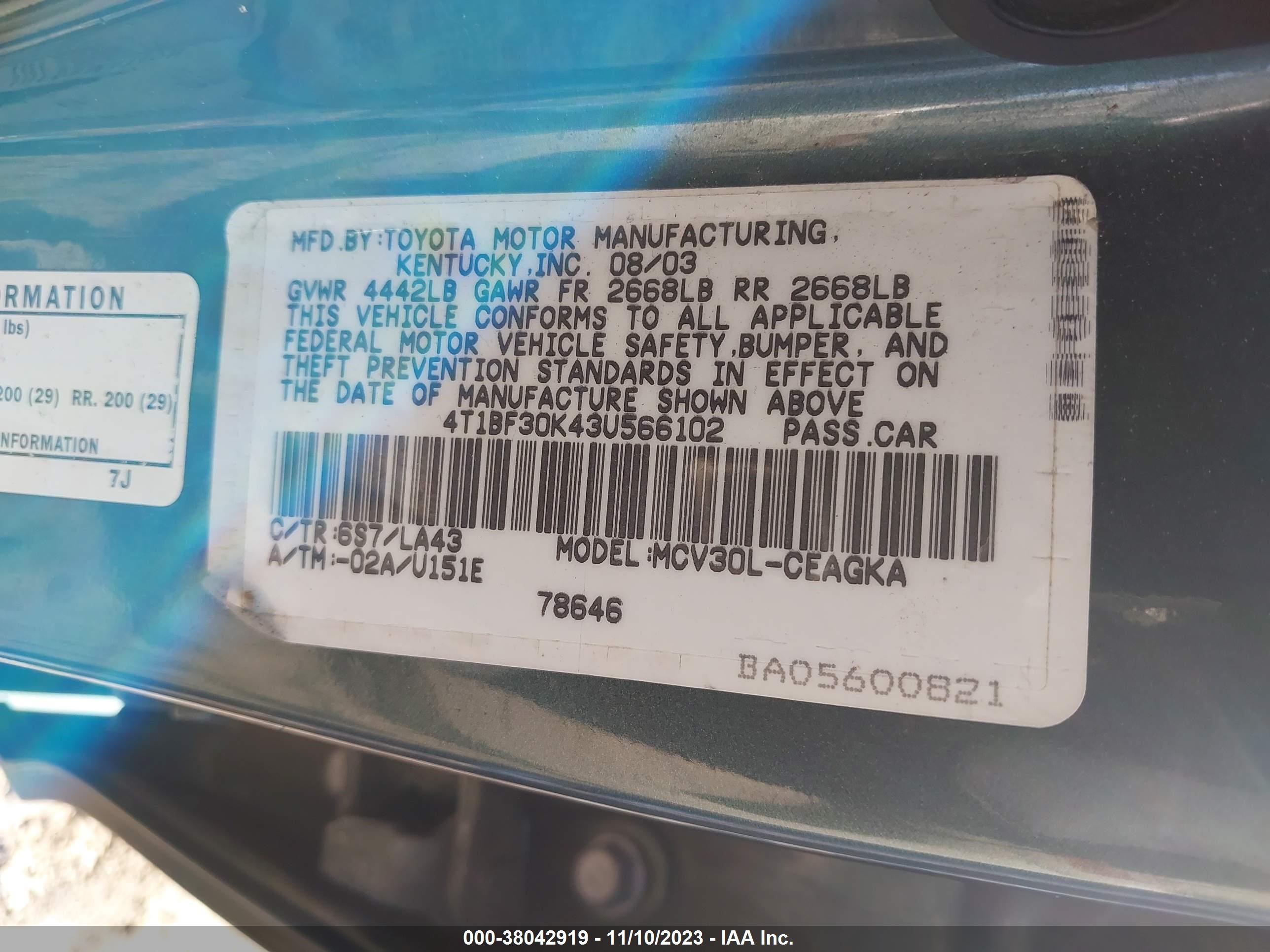 Photo 8 VIN: 4T1BF30K43U566102 - TOYOTA CAMRY 