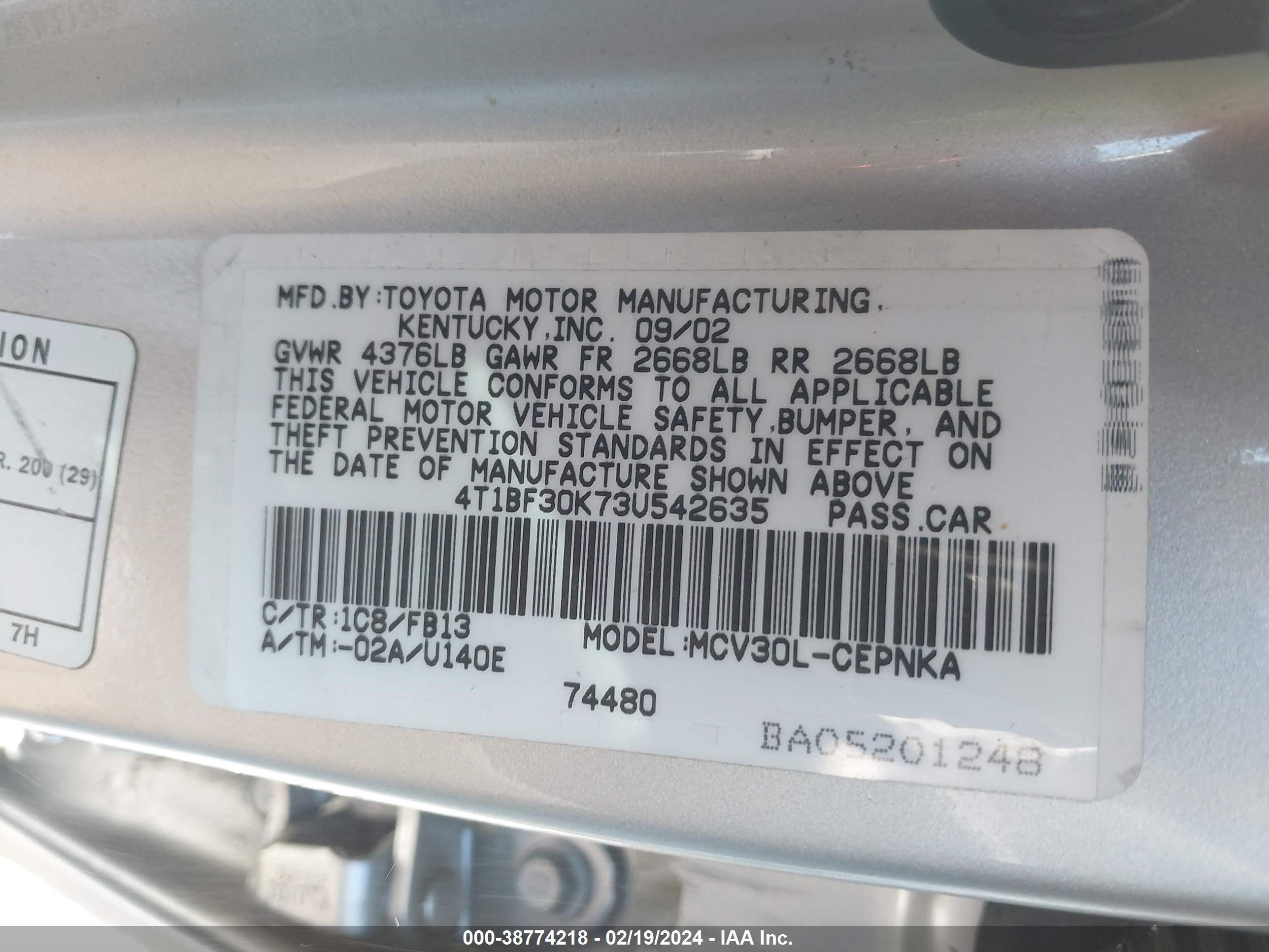 Photo 8 VIN: 4T1BF30K73U542635 - TOYOTA CAMRY 