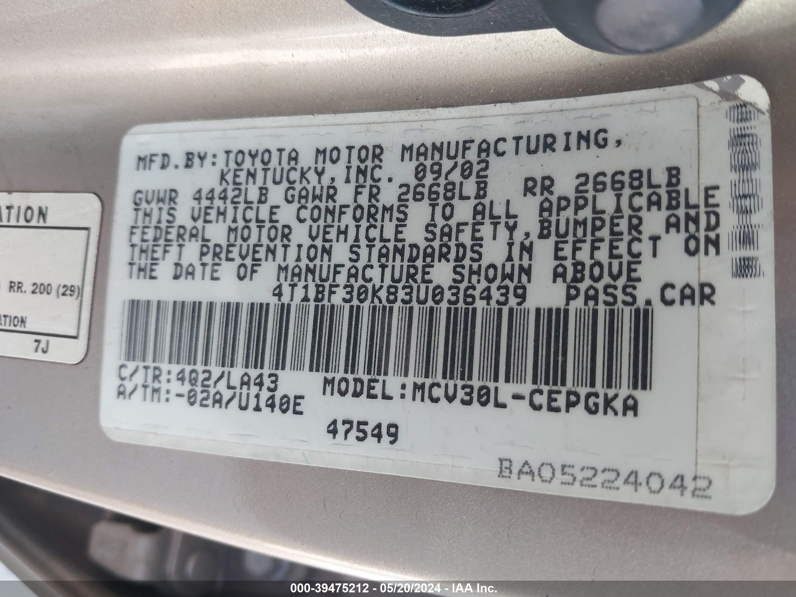 Photo 8 VIN: 4T1BF30K83U036439 - TOYOTA CAMRY 