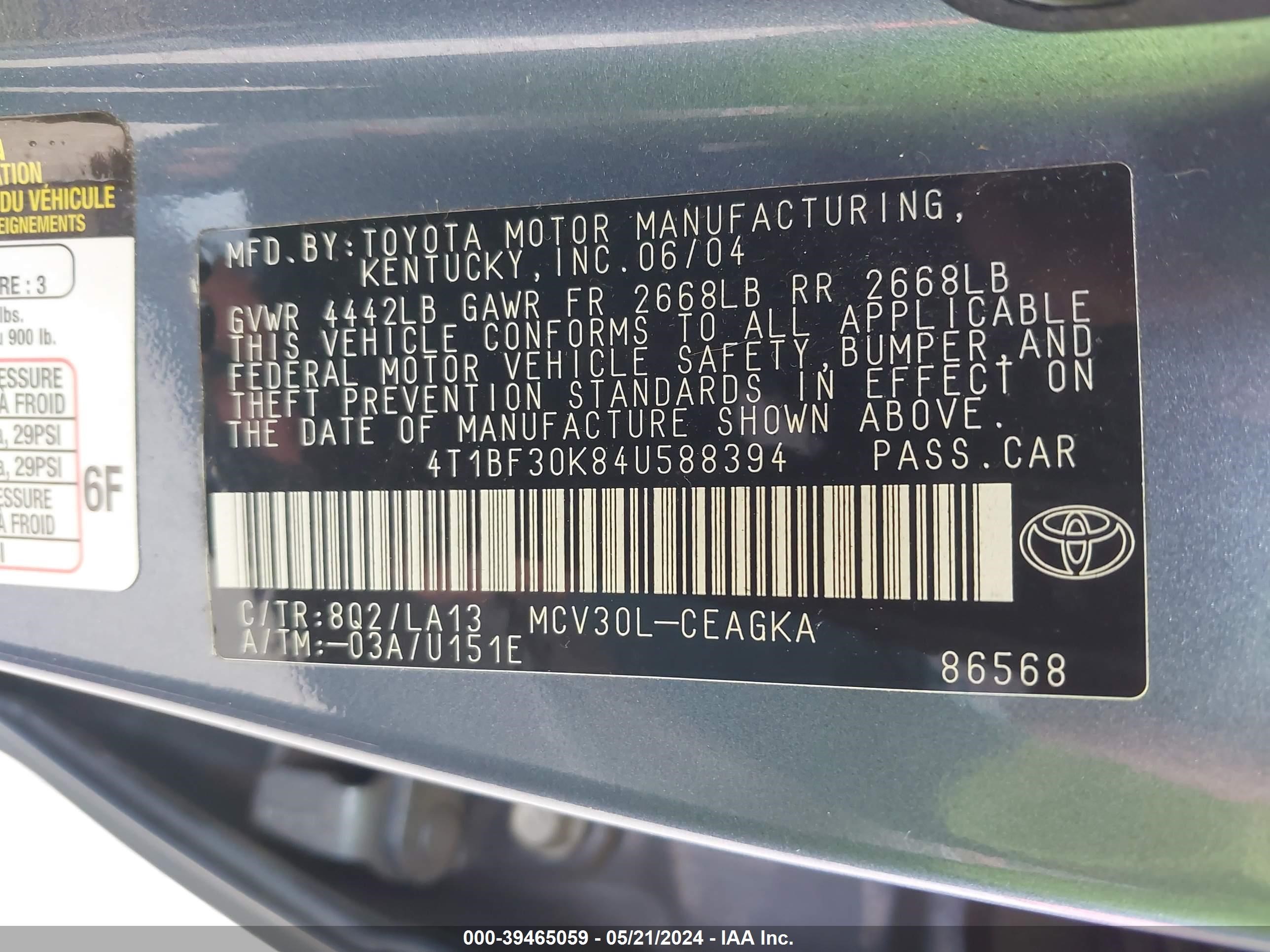 Photo 8 VIN: 4T1BF30K84U588394 - TOYOTA CAMRY 