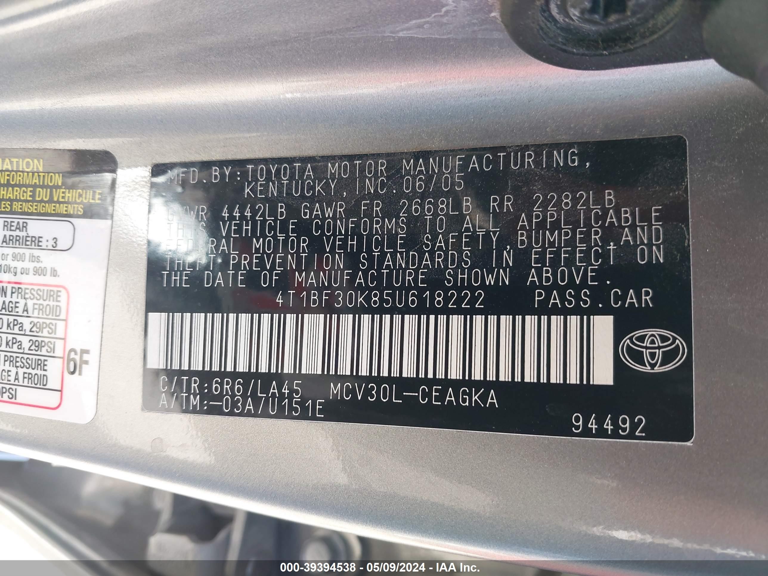 Photo 8 VIN: 4T1BF30K85U618222 - TOYOTA CAMRY 