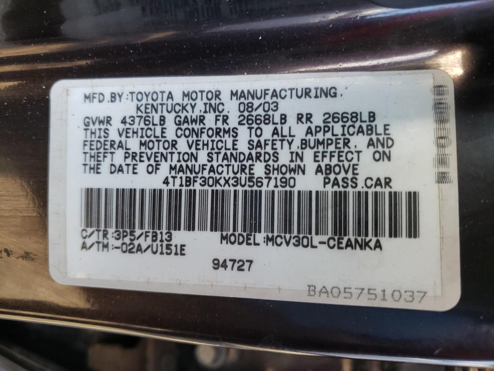 Photo 9 VIN: 4T1BF30KX3U567190 - TOYOTA CAMRY LE 