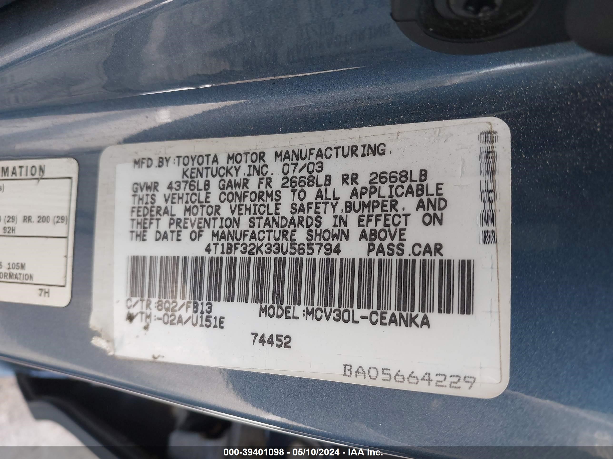 Photo 8 VIN: 4T1BF32K33U565794 - TOYOTA CAMRY 