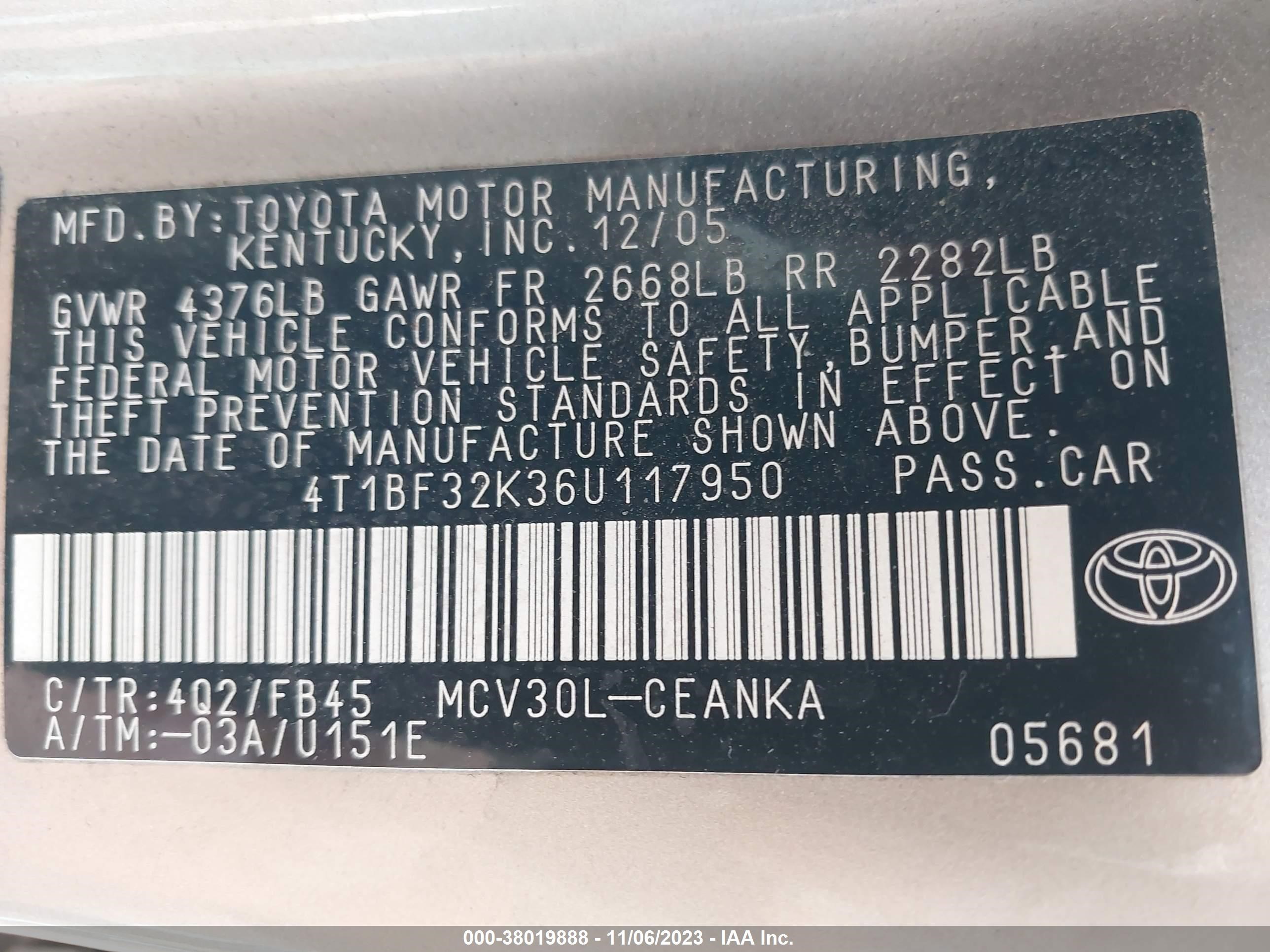 Photo 8 VIN: 4T1BF32K36U117950 - TOYOTA CAMRY 