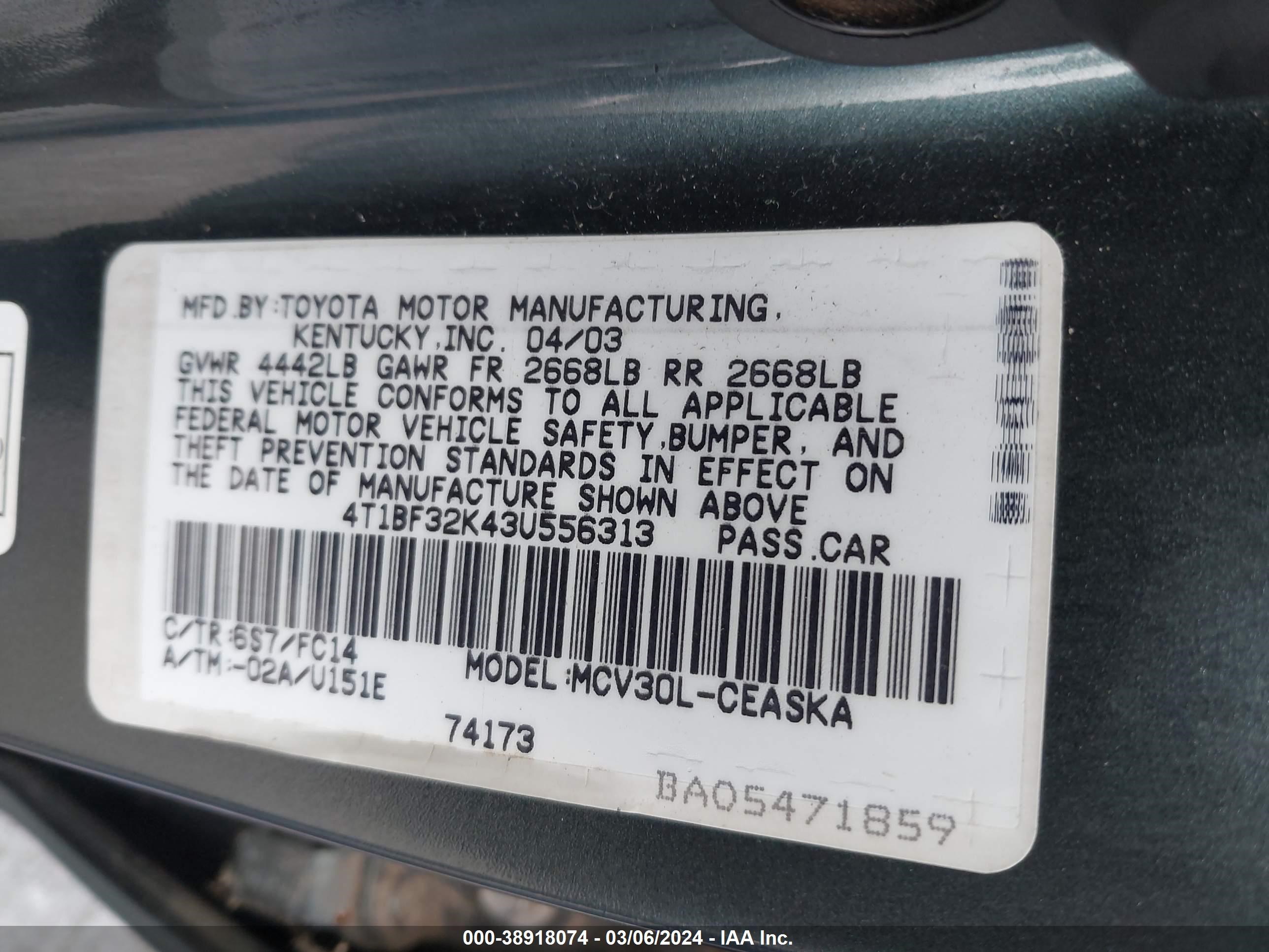 Photo 8 VIN: 4T1BF32K43U556313 - TOYOTA CAMRY 