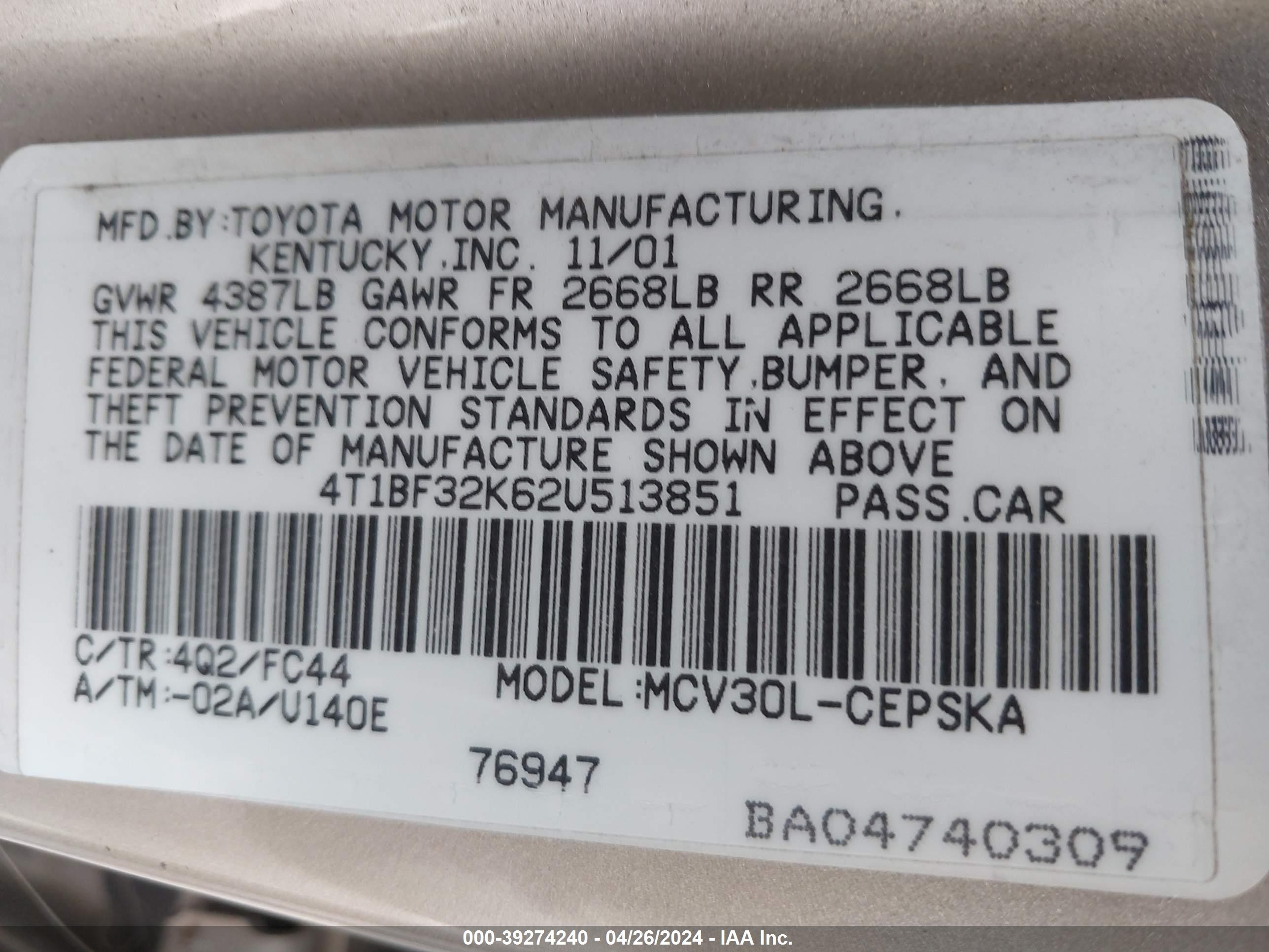 Photo 8 VIN: 4T1BF32K62U513851 - TOYOTA CAMRY 