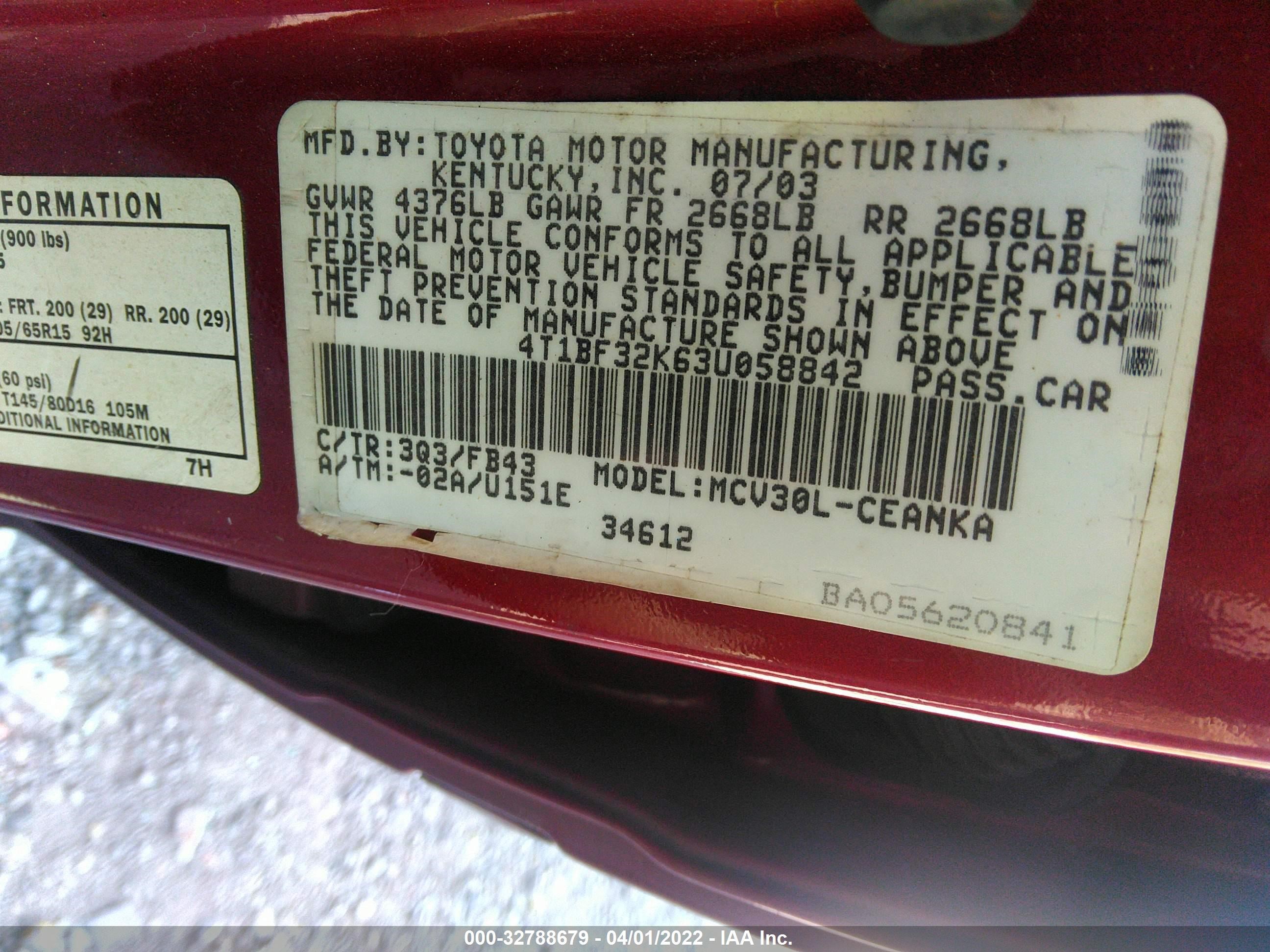 Photo 8 VIN: 4T1BF32K63U058842 - TOYOTA CAMRY 