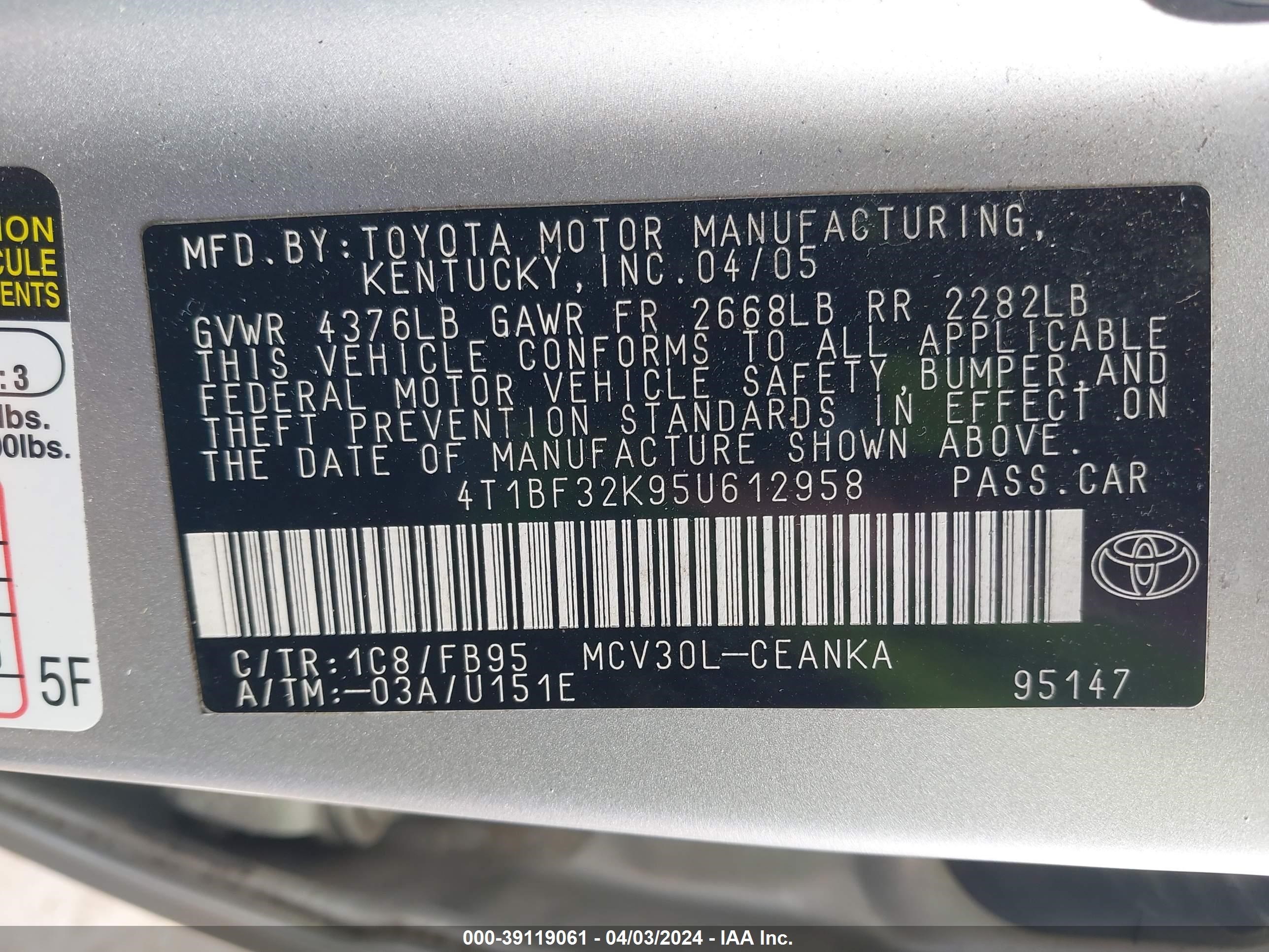 Photo 8 VIN: 4T1BF32K95U612958 - TOYOTA CAMRY 