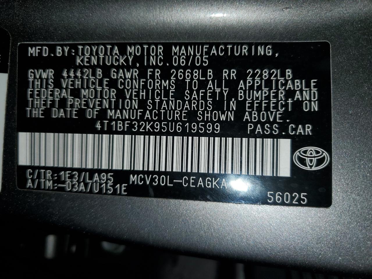 Photo 12 VIN: 4T1BF32K95U619599 - TOYOTA CAMRY 